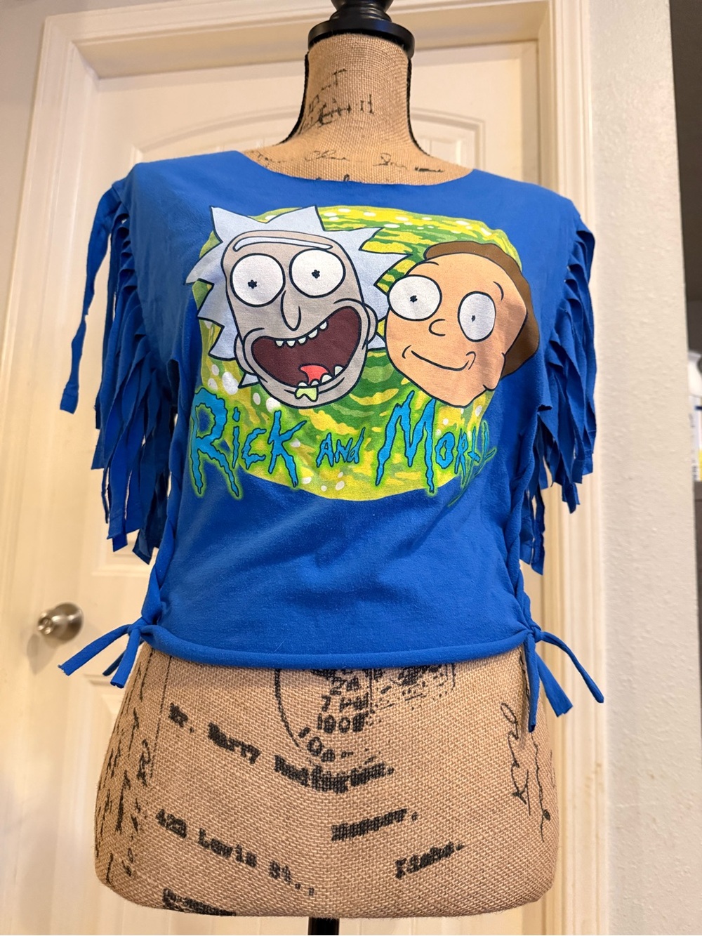 Rick and Morty Upcycled Fringe Crop Top – Small